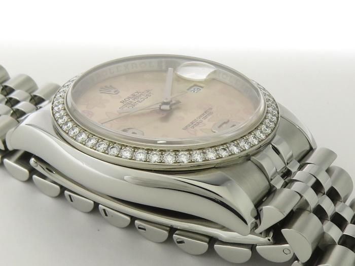 【中古】ROLEX デイトジャスト 自動巻き ベゼルダイヤ 10PD SS ピンクフラワー文字盤 G番 116244_画像8