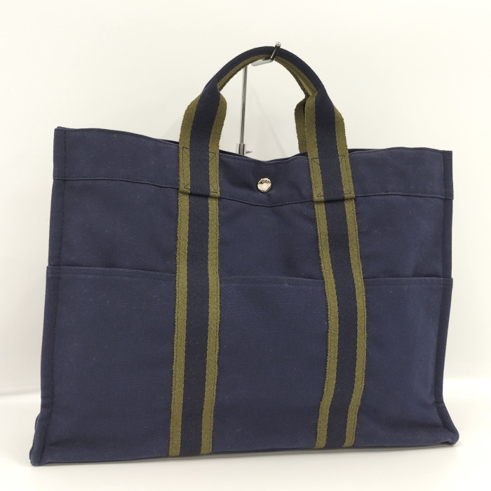 【中古】HERMES フールトゥ MM トートバッグ キャンバス ネイビー_画像1