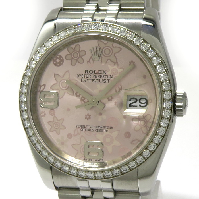 【中古】ROLEX デイトジャスト 自動巻き ベゼルダイヤ 10PD SS ピンクフラワー文字盤 G番 116244_画像1