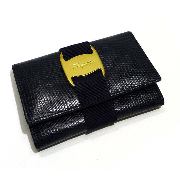 【中古】Salvatore Ferragamo 6連 キーケース ヴァラ リボン リザード型押し レザー ネイビー ゴールド金具 22 3056