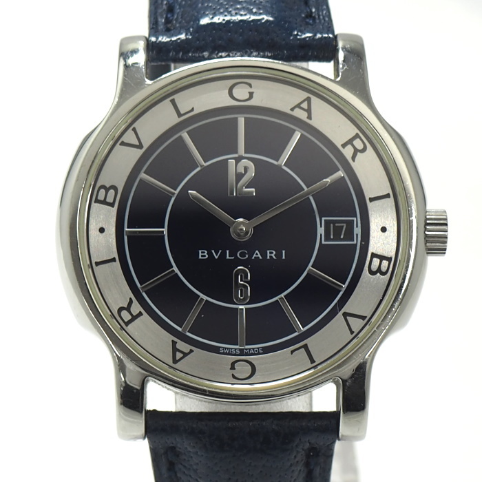 【中古】BVLGARI メンズ 腕時計 ソロテンポ クオーツ SS レザー ネイビー文字盤 ST35S