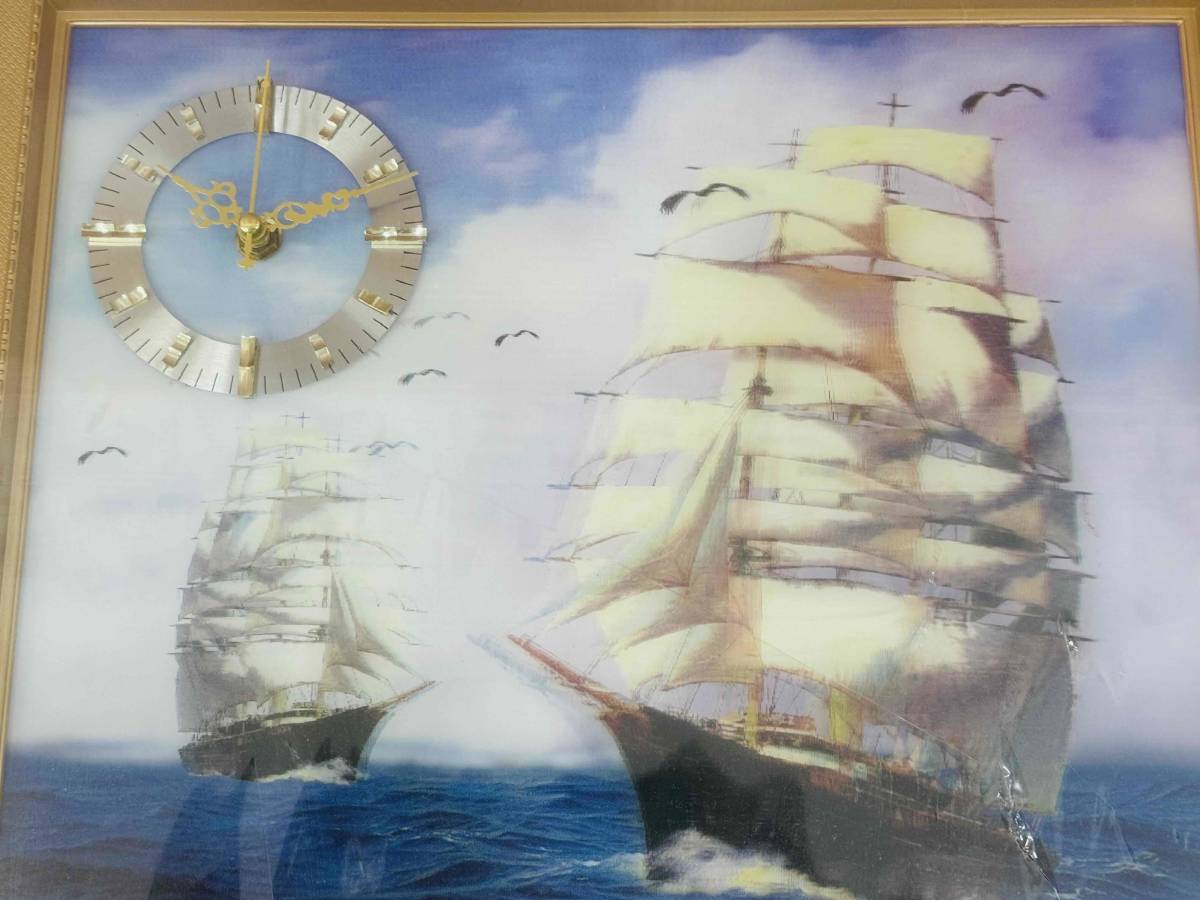 IYS64325 アンティーク 帆船 3D絵画 時計付き 帆船パネル ホログラム 詳細不明 ジャンク品 同梱不可_画像2