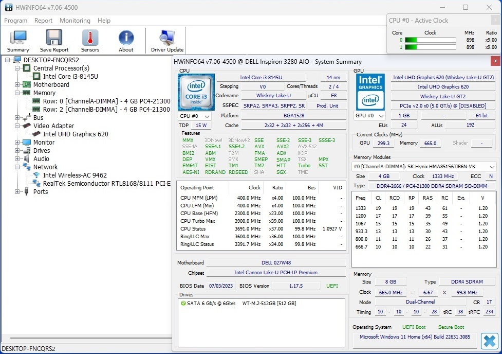 高速起動 22型液晶 DELL Inspiron 22-3280 AIO Core i3-8145U メモリ8GB 高速 SSD512GB Wi-Fi Windows11 Office2019 2019年製 美品級 白 _HWiNFOの情報です。