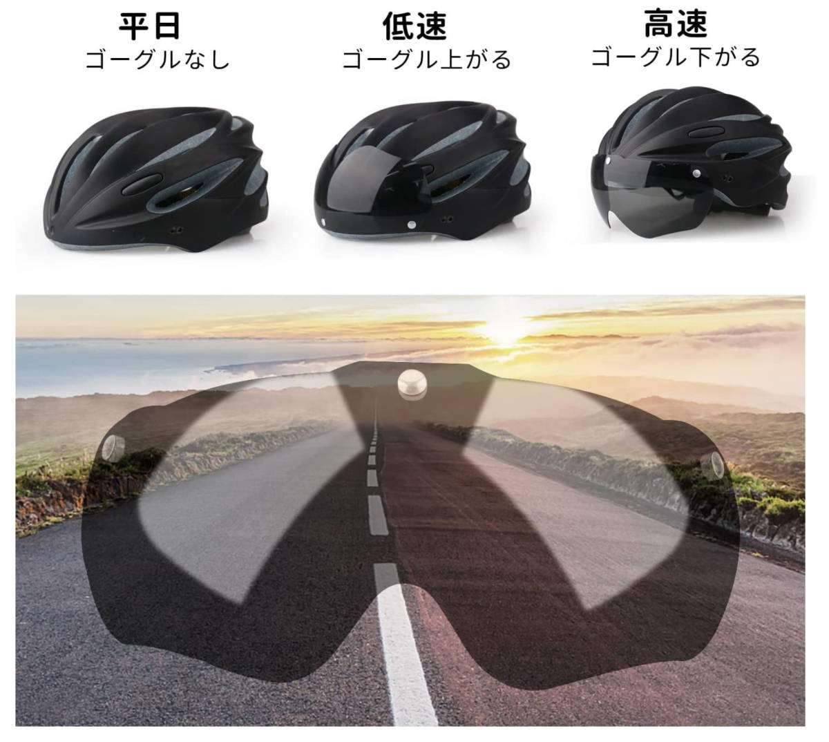 自転車 ヘルメット 大人用 CPSC/CE安全基準認証 充電式 セフティーライト付 57-62cm ゴーグル バイザー付 軽量_画像4