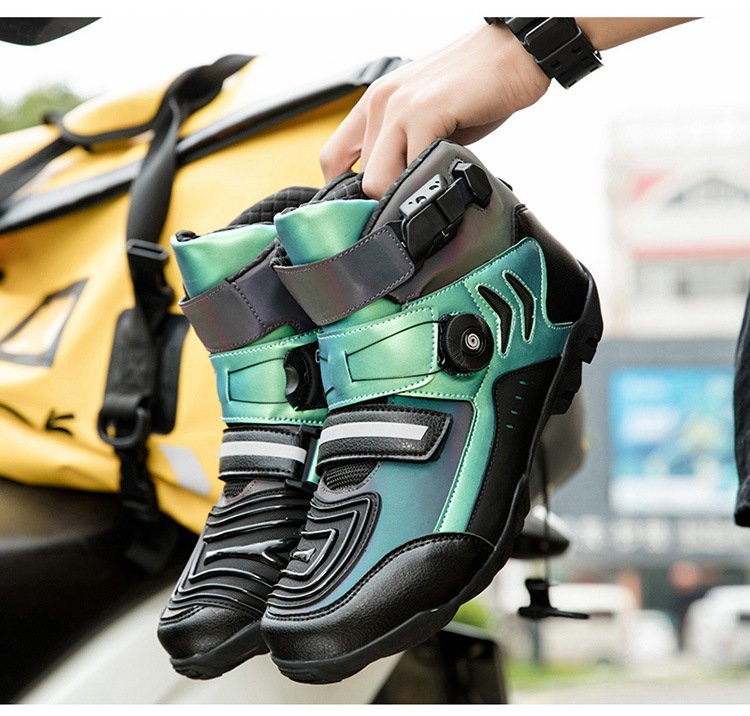 オートバイ ブーツ 靴 バイクブーツ ライディングシューズ 履きやすい 反射 光沢のある 通気性 耐磨耗性 滑り止め グリーン 24.5cm