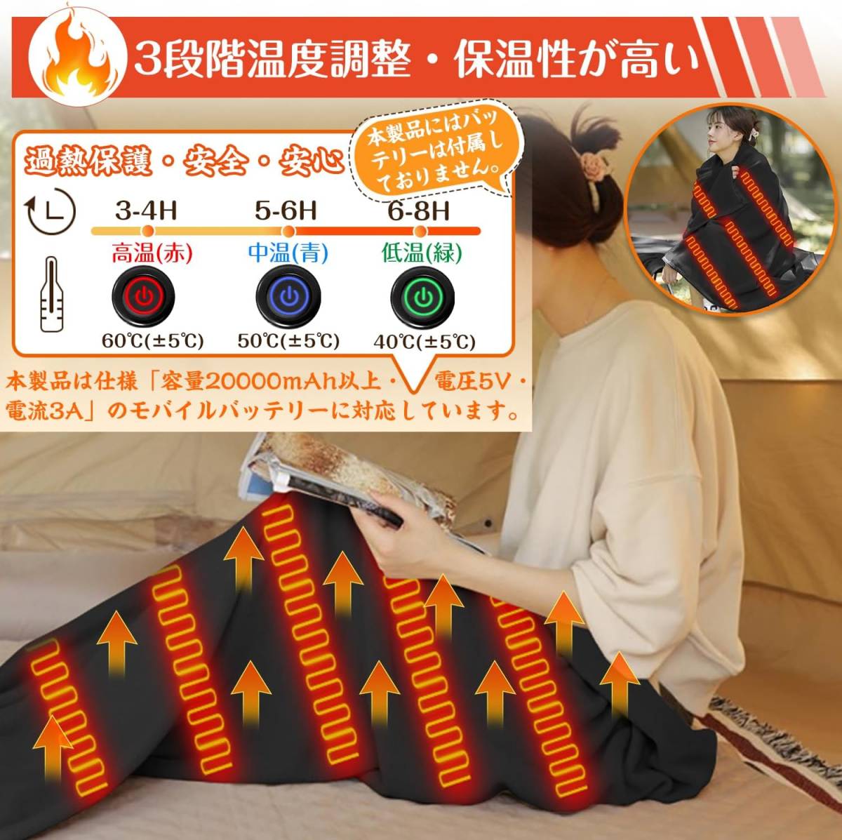 寝袋用発熱パッド 電熱マット ブラック シュラフ用 6つ区域発熱 キャンプ 日本製発熱線 速暖 ホットマット 電気マット 軽量 防災 洗える