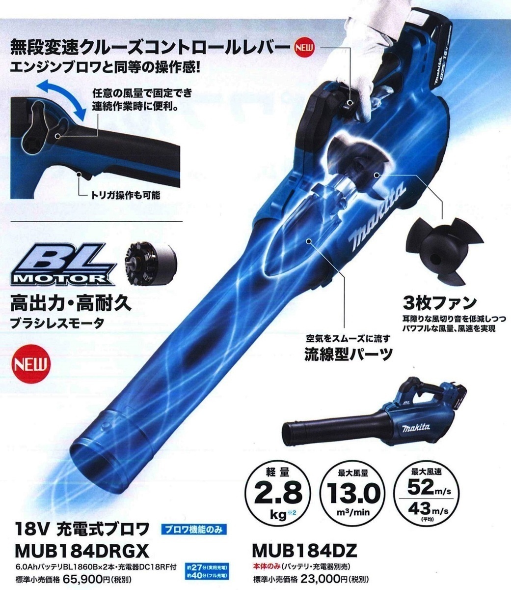 マキタ 18V 充電式ブロワ MUB184DZ + 充電器(DC18RF) + バッテリ(BL1860B)[6.0Ah] + フラットノズル(A-70867)■新品■◆_画像8