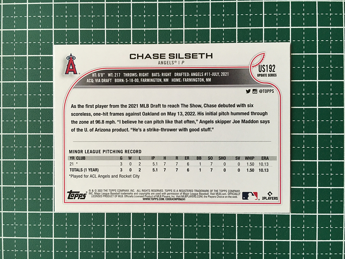 ★TOPPS MLB 2022 UPDATE #US192 CHASE SILSETH［LOS ANGELES ANGELS］ベースカード「BASE」ルーキー「RC」★_画像2