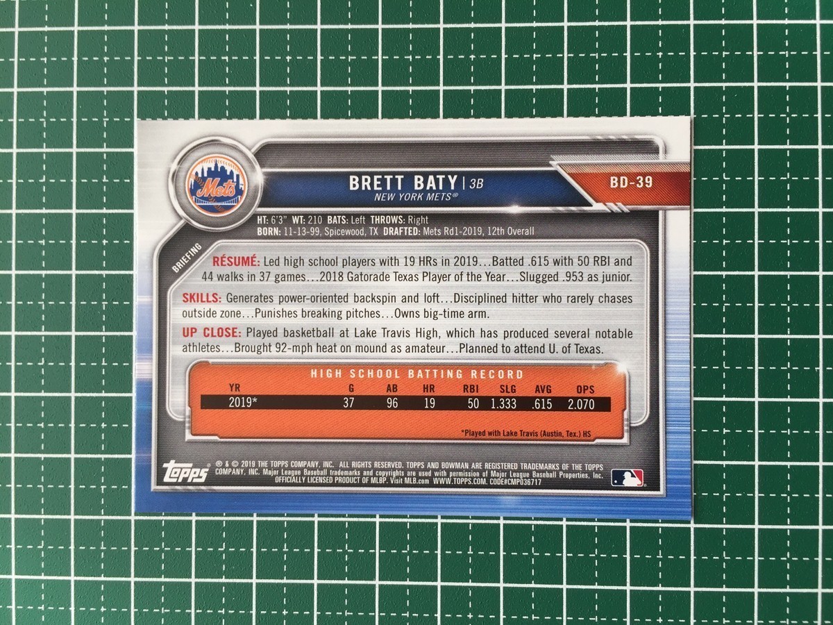 ★TOPPS MLB 2019 BOWMAN DRAFT #BD-39 BRETT BATY［NEW YORK METS］ベースカード 1st 19★_画像2