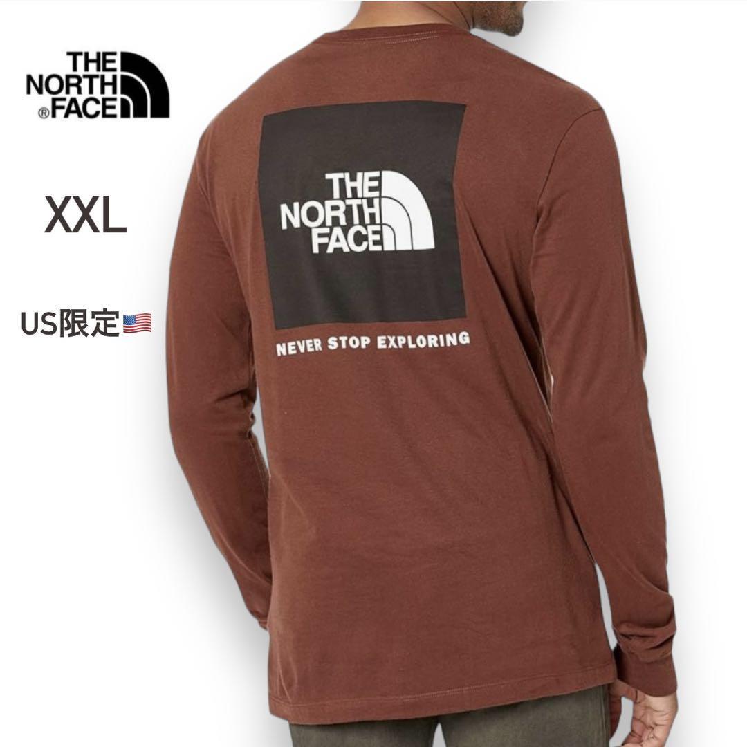 US限定 ノースフェイス メンズ ロングTシャツ XXL ブラウン ボックスロゴ 黒 長袖Tシャツ THE NORTH FACE アメリカ限定 大きいサイズ 茶色
