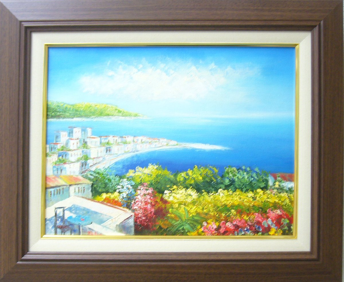 絵画　肉筆油絵 風景画 ギリシャ エーゲ海 白壁の道 送料無料