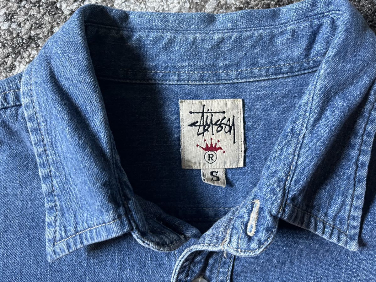当時物 ビンテージ 希少 90's OLD Stussy デニムシャツ OZ製 白 当時物 ビンテージ 希少 90's OLD Stussy デニムシャツ OZ製 白