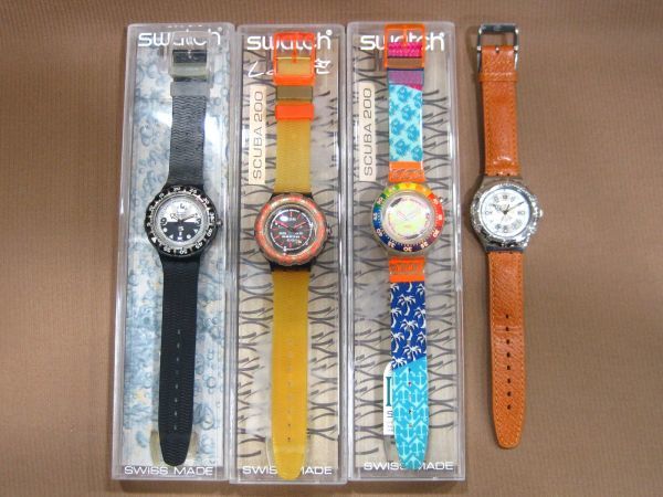 M1-568◆中古 ジャンク品扱い 現状不動品 SWATCH まとめて 計4点 SCUBA200 / SDM102 MOGAN / YDS100 irony 腕時計 スウォッチ_画像1