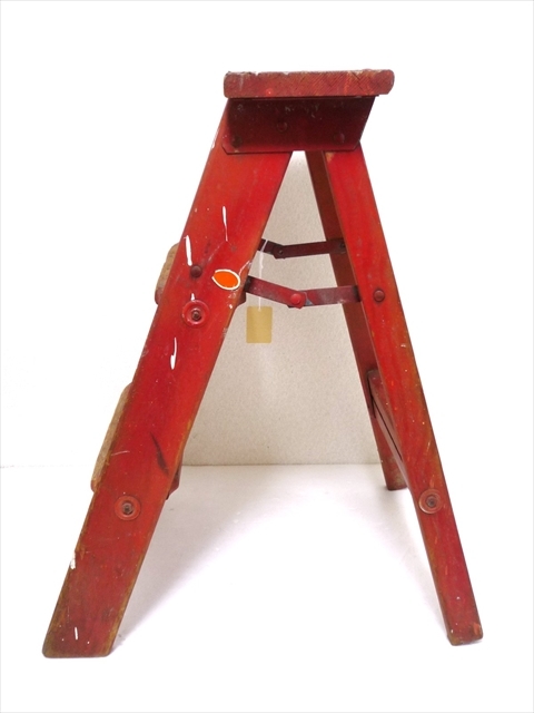  Vintage wooden ladder stepladder red car Be Schic 3 step step DIY work . scaffold folding ladder display America furniture garage .