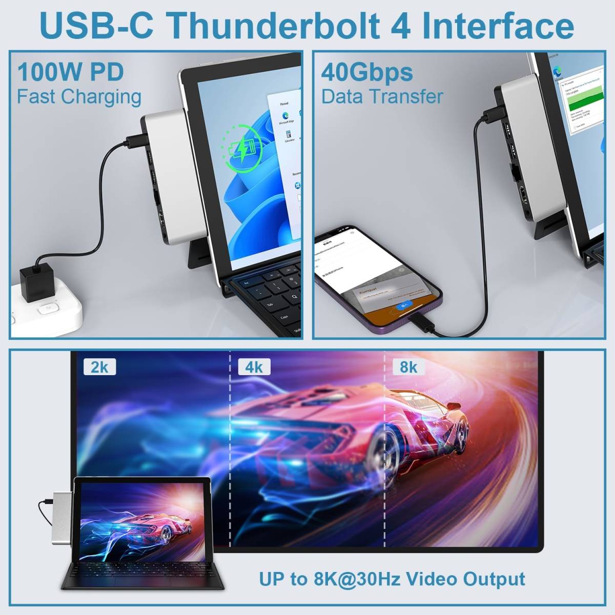 Surface Pro 9 / X　8in2ドック　USBハブ　4K HDMI/Thunderbolt/100Mbps LAN/USB3.0/SD・TF/3.5mmオーディオ_画像6