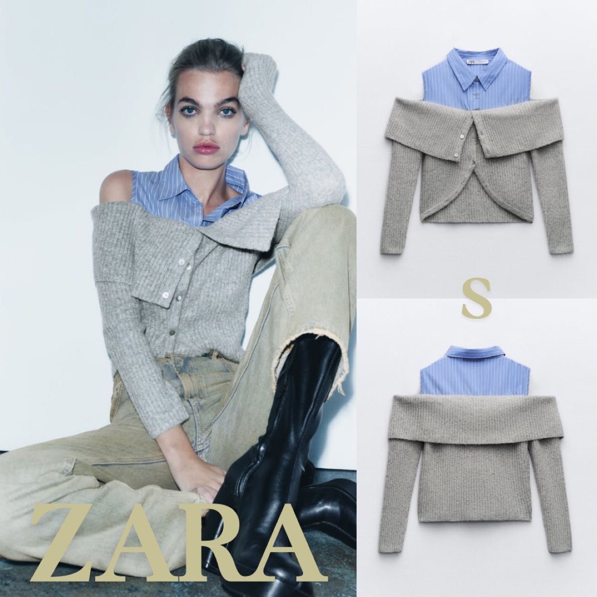 ZARA コントラスト カットアウト ニットセーター ブルー グレー ZARA ザラ コントラスト カットアウト ニット セーター S|Yahoo
