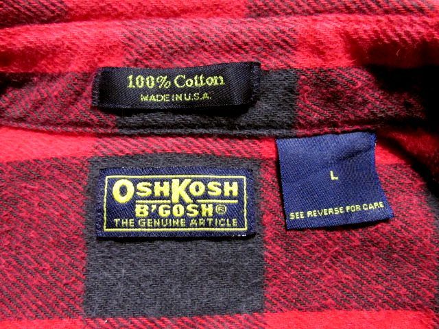 ★USA製★80～90's OSHKOSH B'GOSH オシュコシュ 長袖 バッファローチェック ヘビーネルシャツ L★レッド×ブラック アメリカ製 ビンテージ_画像7