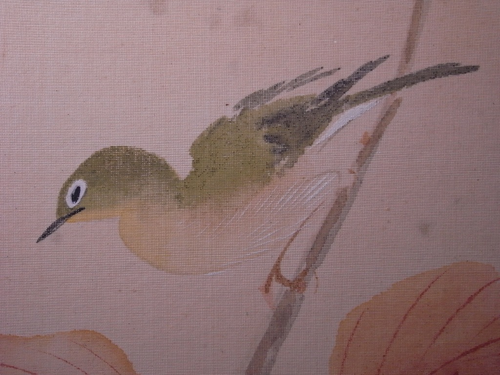 秀清『柿に鳥』色紙〔絹本肉筆真作〕/ 花鳥図 日本画_画像3