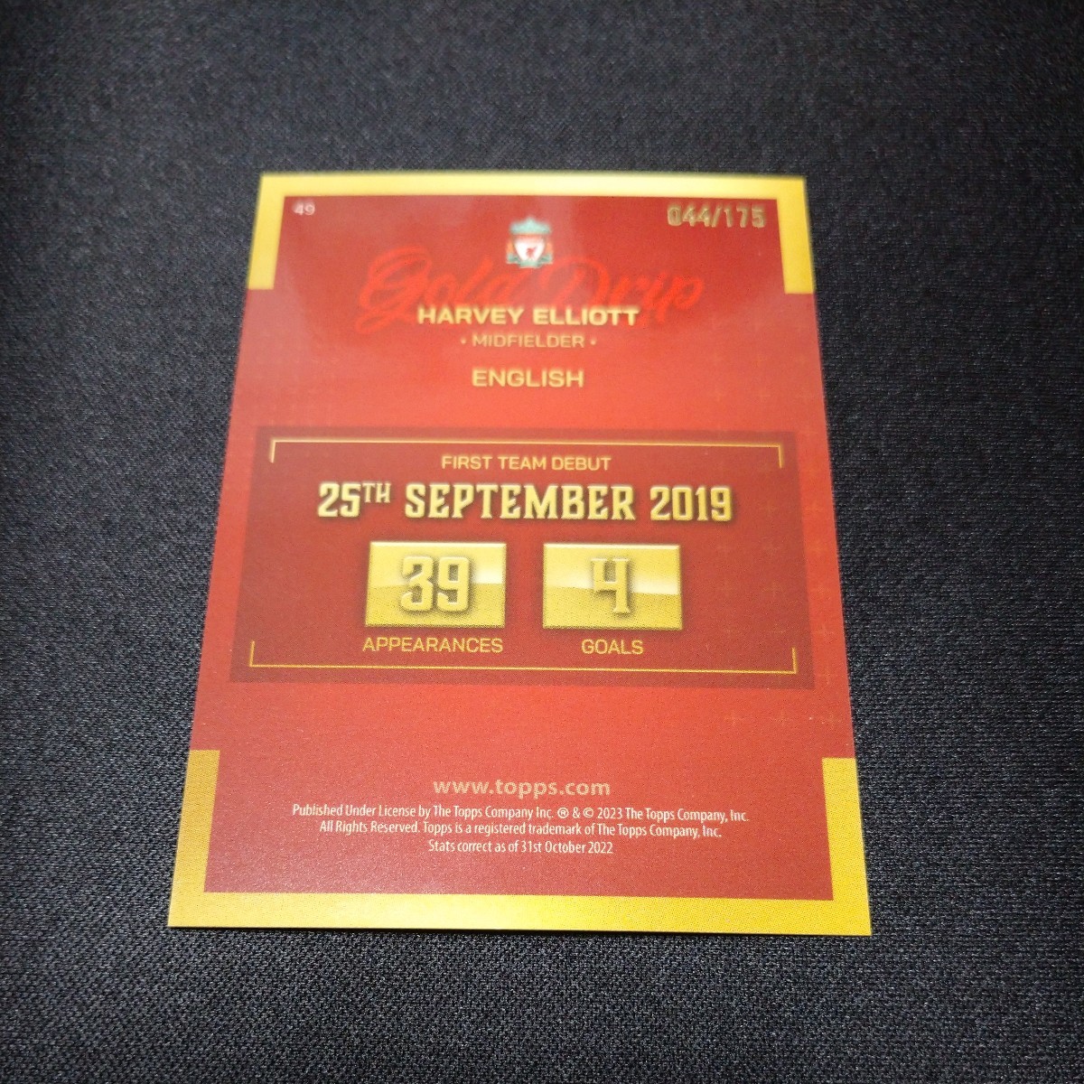 2023 Topps Liverpool Teamset gold drip Harvey Elliott /175の画像2