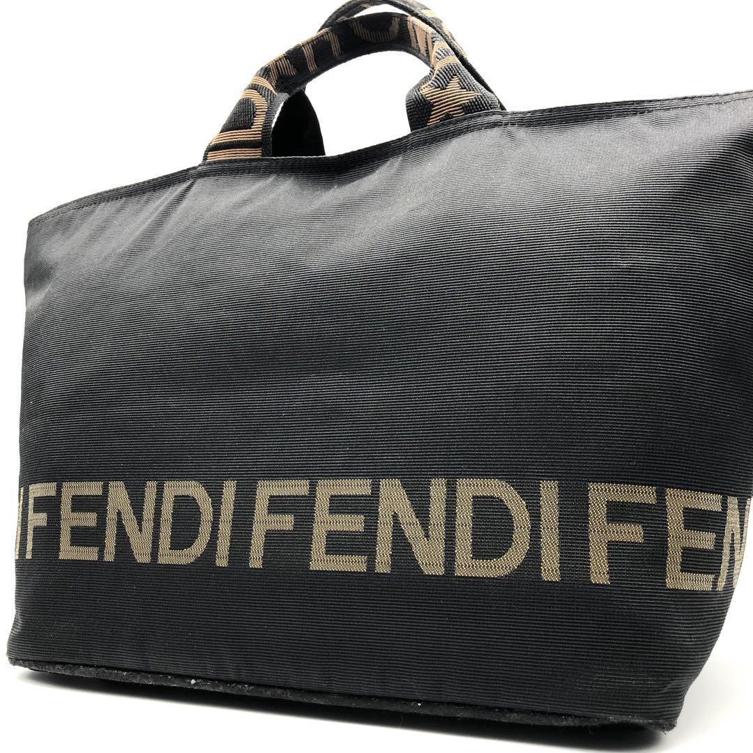【美品】FENDI フェンディ ミニトートバッグ ハンドバッグ 旅行かばん 鞄 ナイロン キャンバス ロゴライン ロゴ印字 ブラック 黒 手持ち