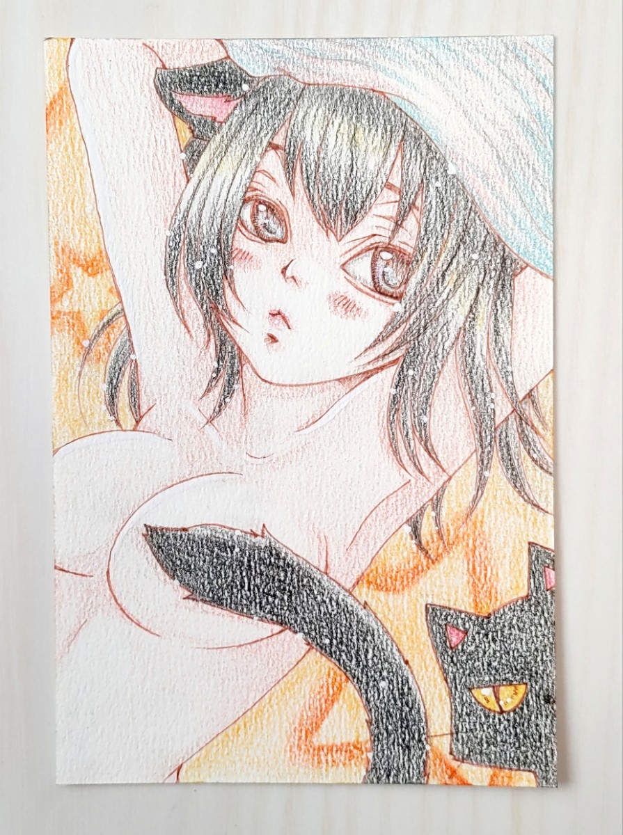 手描きイラスト　黒ねこ　オリジナル　色鉛筆_画像2