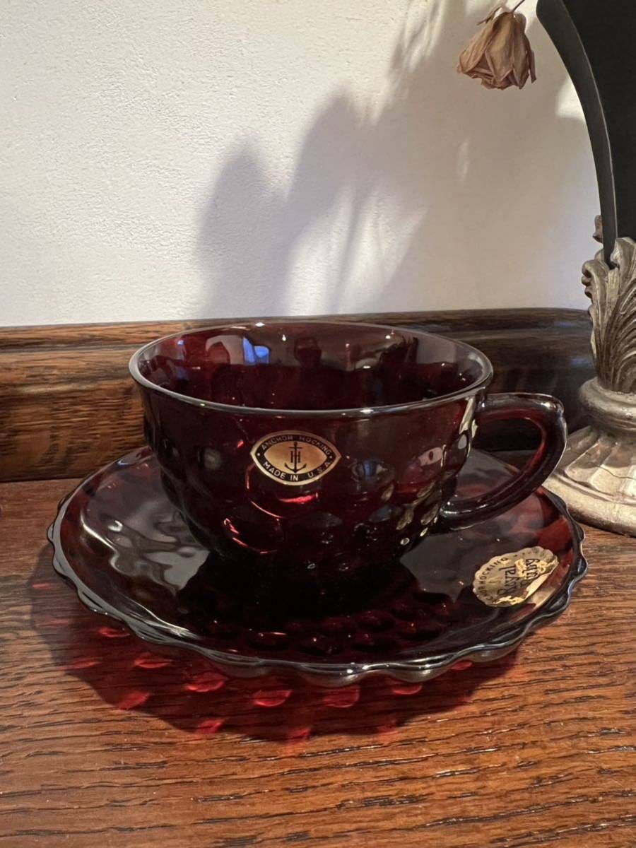  не использовался Royal Ruby cup & блюдце красный cup Vintage USA Fire King Royal рубин неиспользуемый товар 