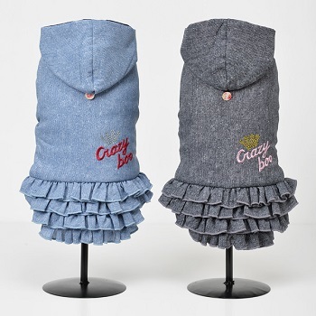 新品★ペット服★CRAZYBOO★デニム風フリルコート★ブルー★DSサイズ★ダックスサイズ★胴回り40~42cm着丈30~32cm★犬服