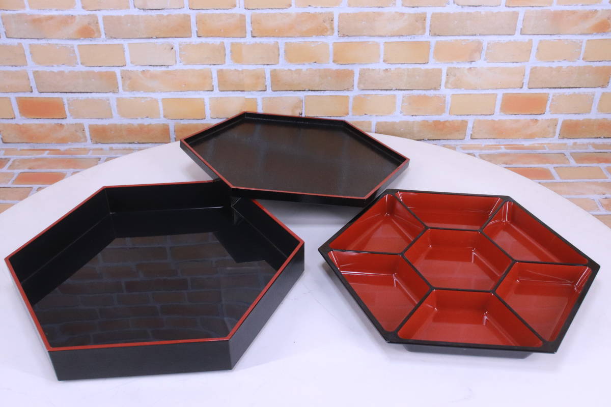  charge . use secondhand goods Japanese-style tableware lunch box multi-tiered food box hexagon .../. stone / Japanese food lunch 10 piece set bulkhead .(7) attaching resin made present condition goods #(F8702)