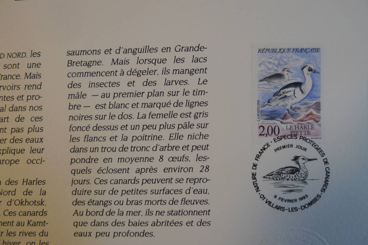 フランス・ドキュマン　１９９３年　Especes protegees de canards　4種完初日切手4枚シート_画像2