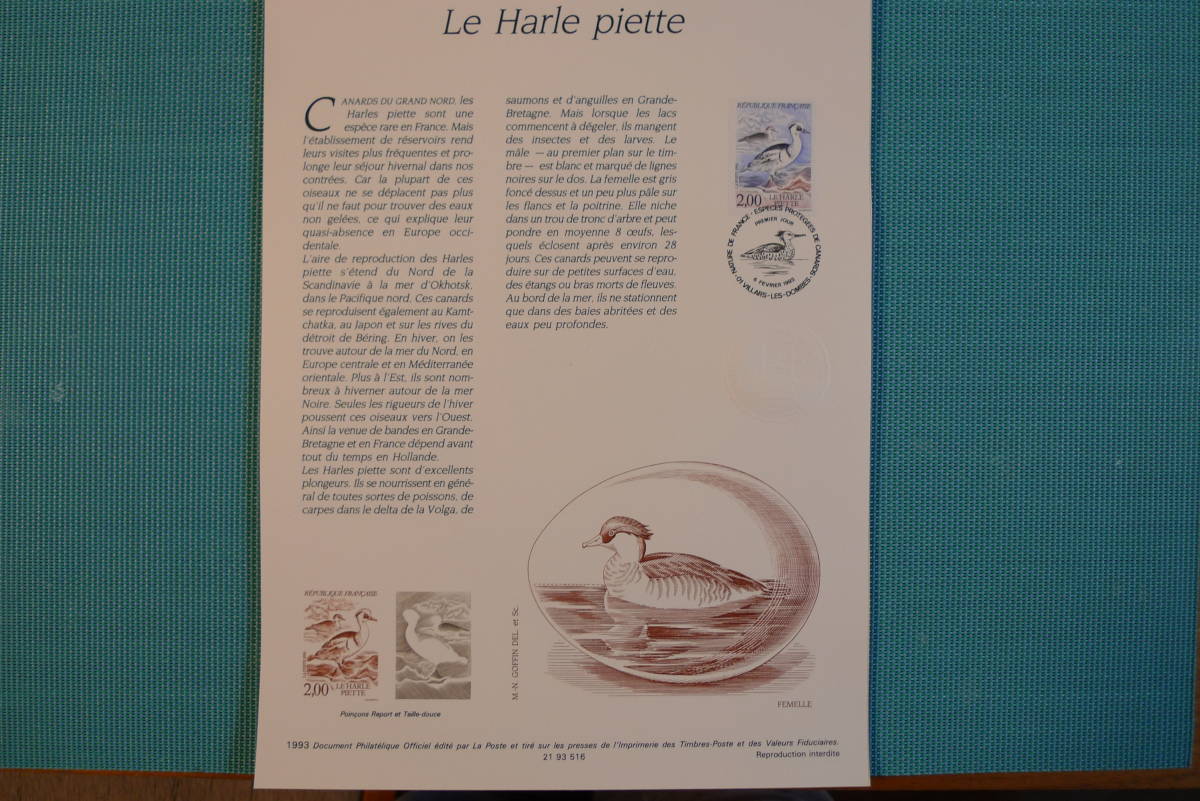 フランス・ドキュマン　１９９３年　Especes protegees de canards　4種完初日切手4枚シート_画像1
