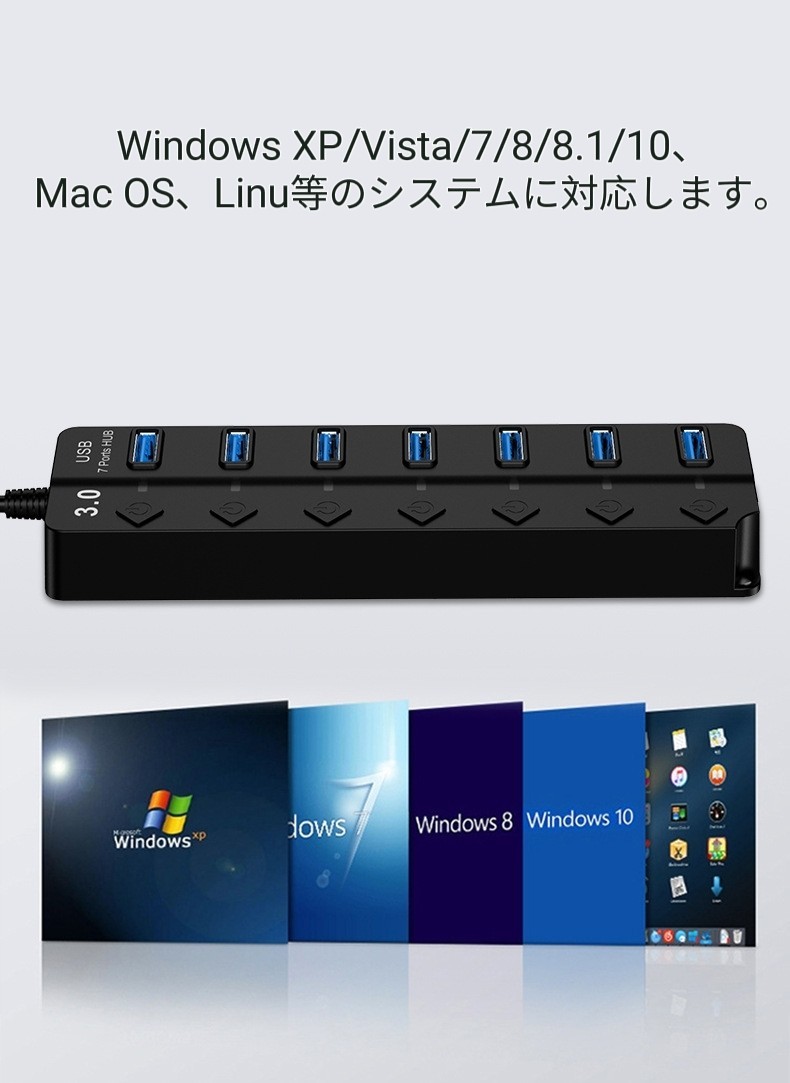 年末セール!!独立スイッチ USB3.0ハブ 7ポート コード23cm 高速転送_画像3