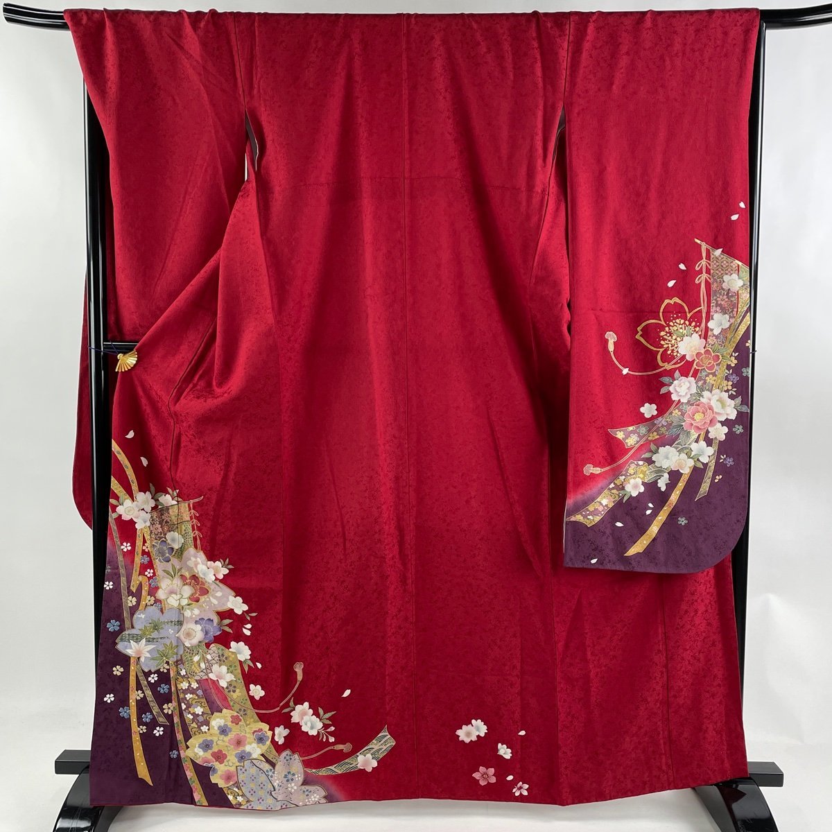 振袖 身丈165cm 裄丈69cm L 袷 桜 几帳 金彩 染め分け 赤 正絹 美品 名品 【中古】