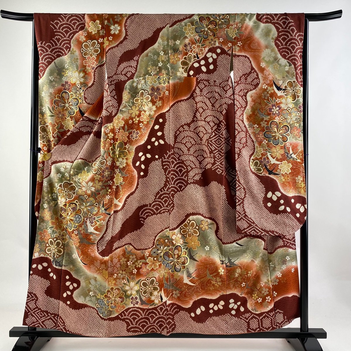 振袖 身丈158cm 裄丈66.5cm M 袷 梅 桜 金糸 金彩 赤茶 正絹 美品 名品 【中古】