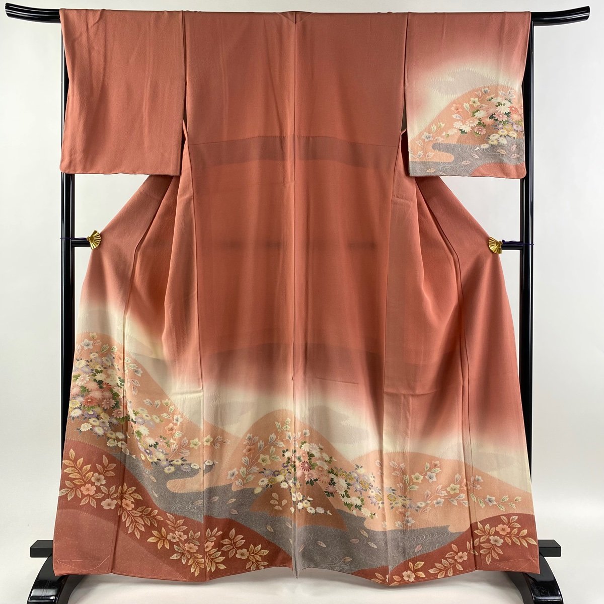 訪問着 身丈164.5cm 裄丈66cm M 袷 草花 流水 ぼかし 絞り ピンク 正絹 美品 秀品 【中古】