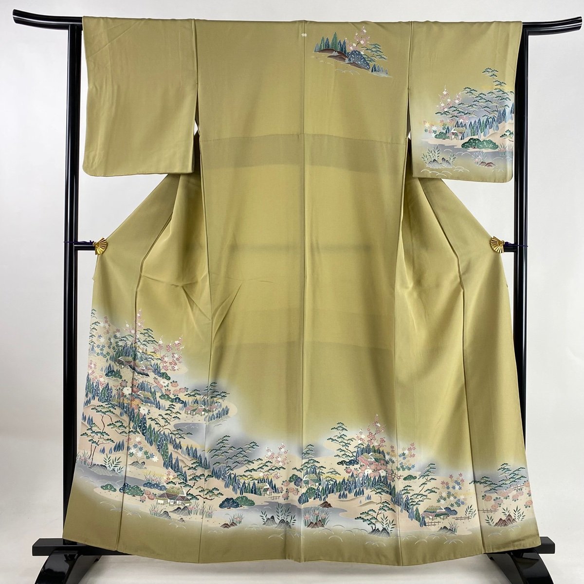 訪問着 身丈158cm 裄丈64cm M 袷 建物 風景 抹茶色 正絹 秀品 一つ紋 【中古】_バイセル 14088_1