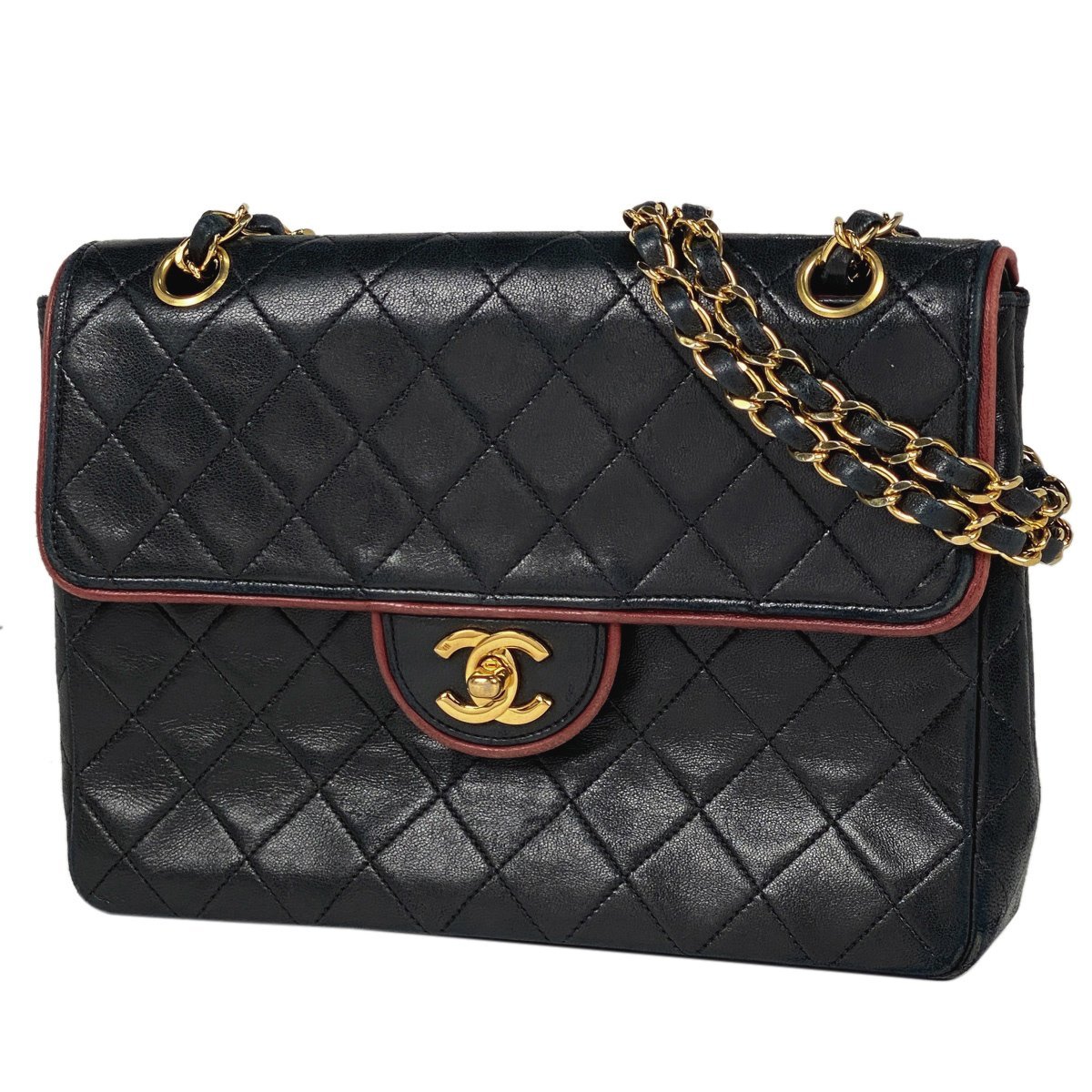 シャネル CHANEL ココマーク チェーン ショルダーバッグ マトラッセ Wチェーン レザー ブラック レッド レディース 【中古】