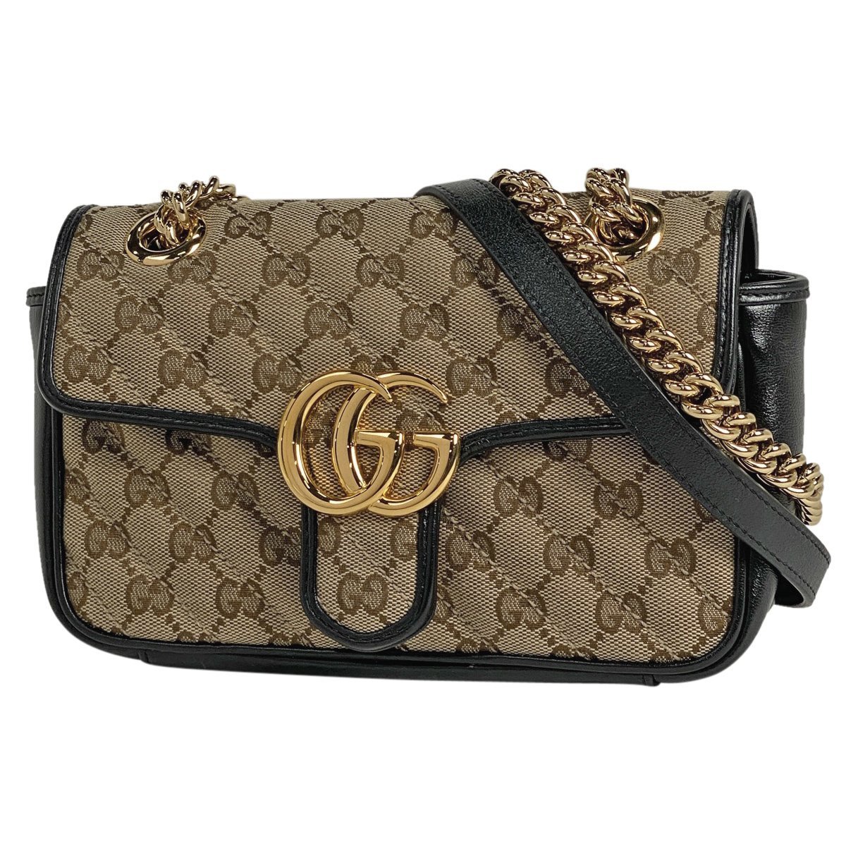 グッチ GUCCI GG柄マーモント ショルダーバッグ ダブルG ミニ チェーン GGキャンバス ベージュ ブラック 446744 レディース 【中古】