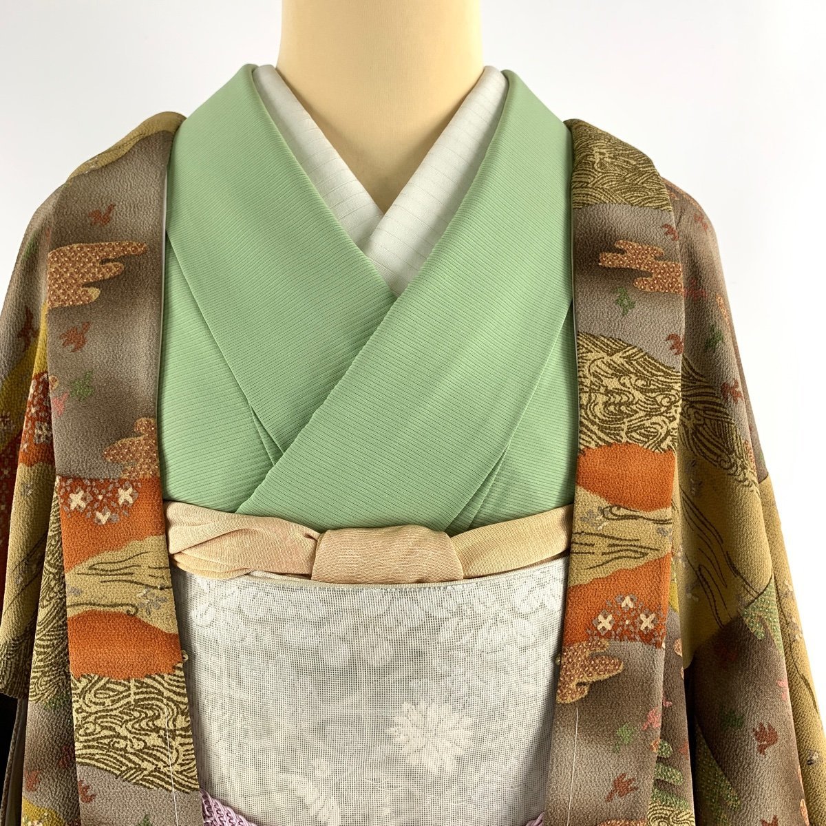 羽織 身丈102cm 裄丈65cm M 波頭 花鳥 縮緬 ぼかし 茶色 正絹 美品 逸品 【中古】_バイセル 14098_3