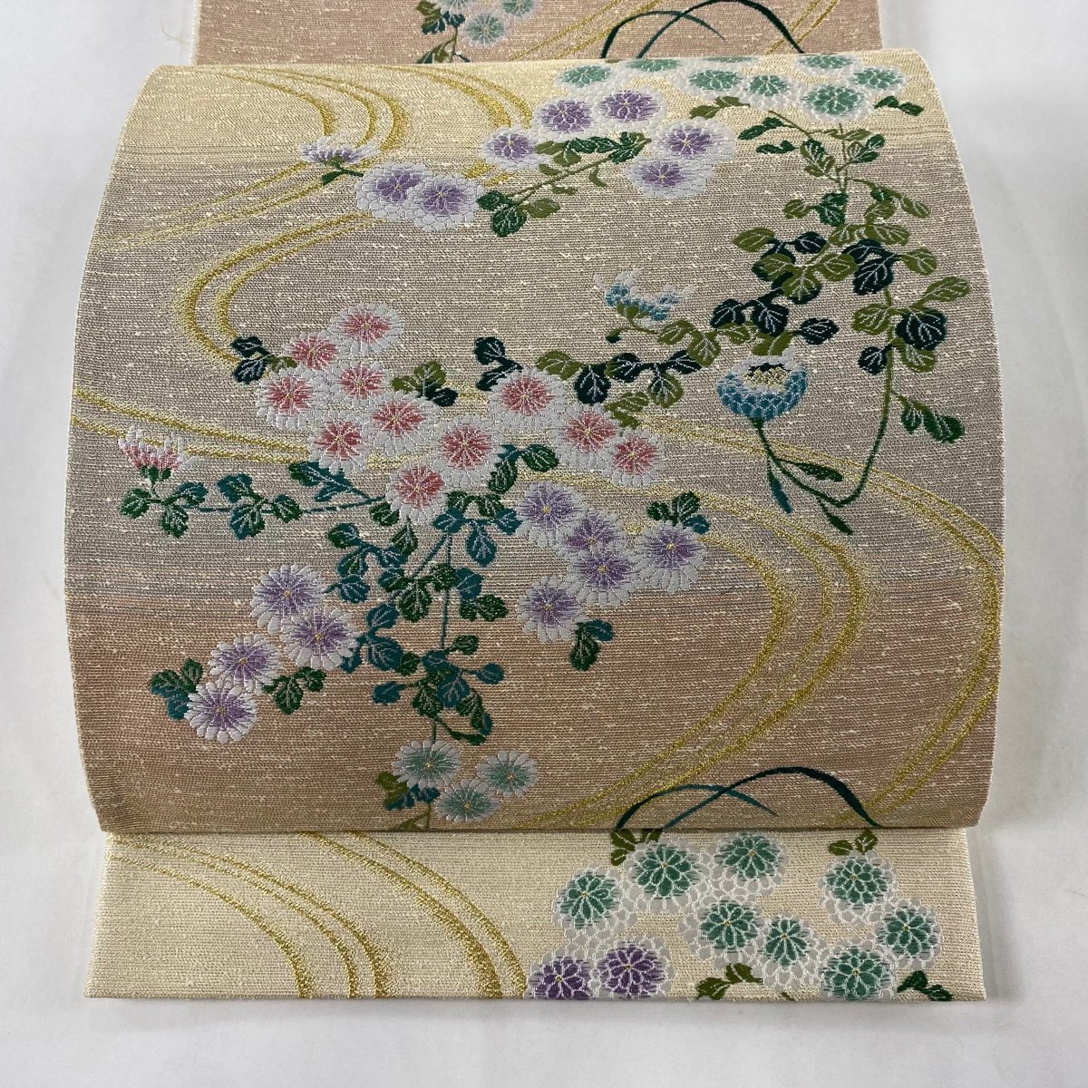 袋帯 美品 秀品 百々世草子 菊 流水 金糸 ベージュ 六通 正絹 【中古】