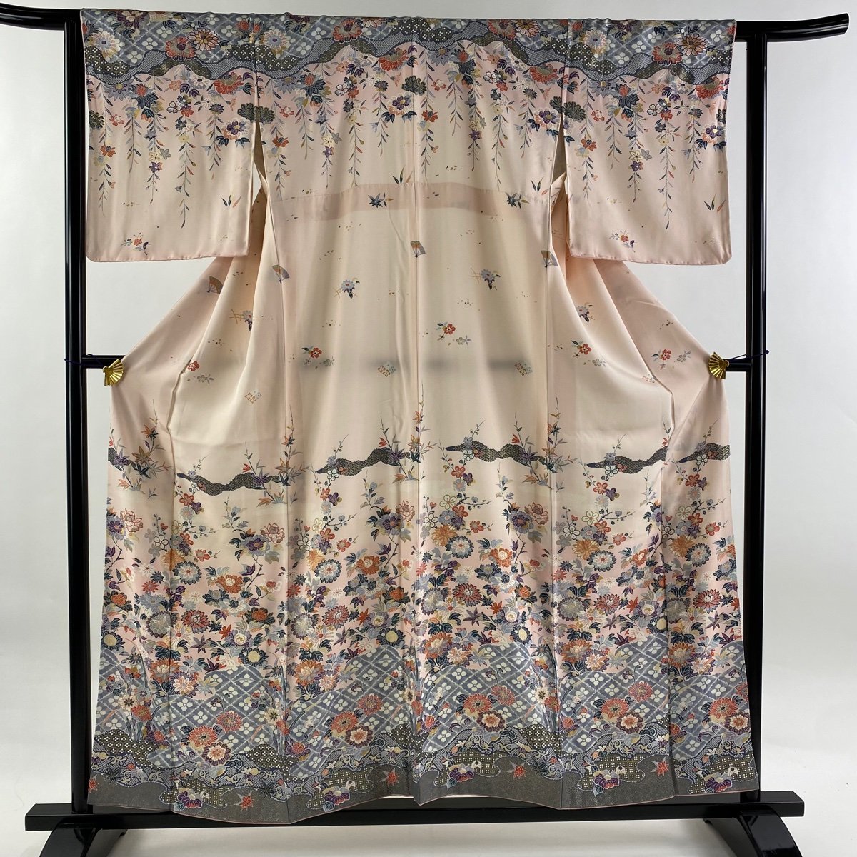 訪問着 身丈157cm 裄丈63cm S 袷 草花 菱 金彩 薄ピンク 正絹 美品 秀品 【中古】