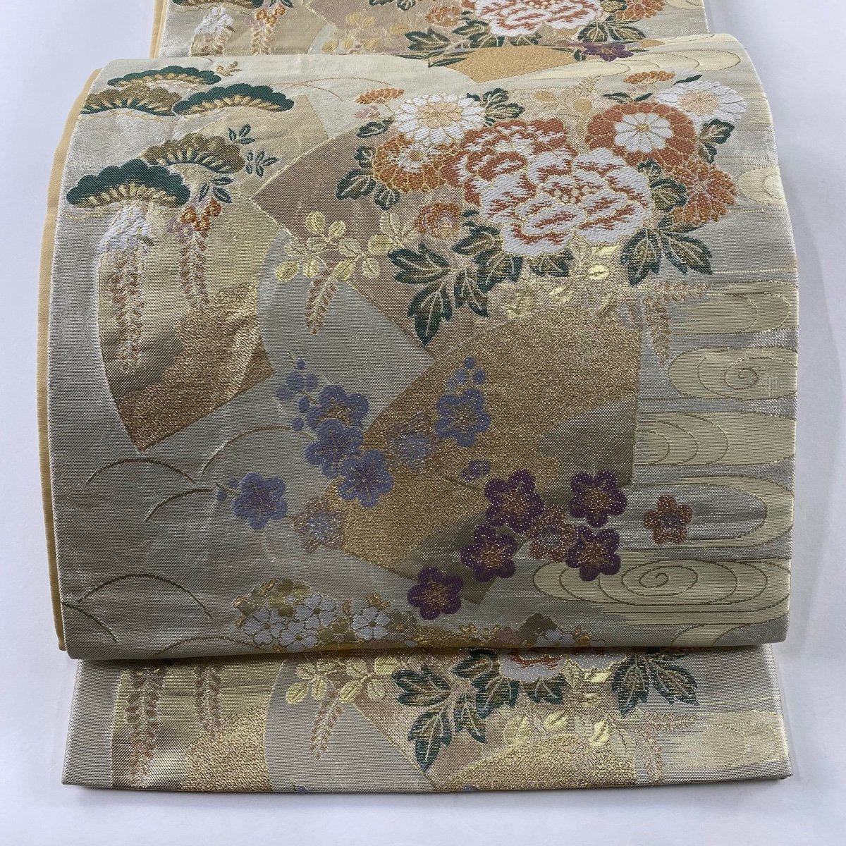 袋帯 美品 秀品 扇面 草花 金糸 箔 金色 六通 正絹 【中古】