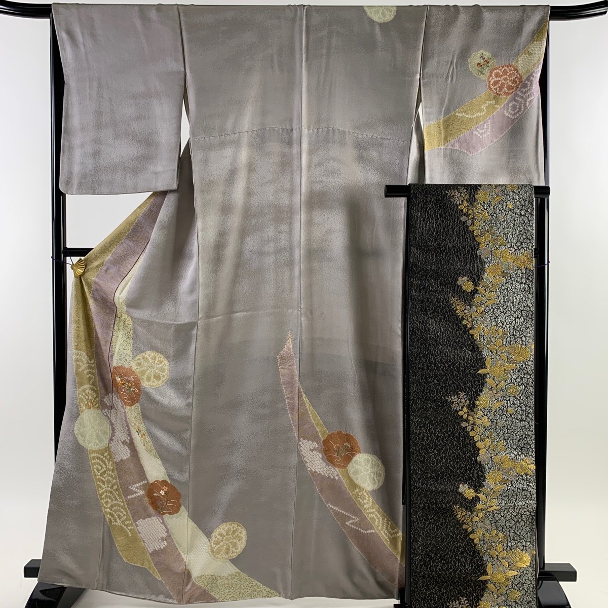 訪問着 身丈166cm 裄丈66cm M 袷 袋帯セット 草花 熨斗 刺繍 絞り 灰紫 正絹 秀品 【中古】