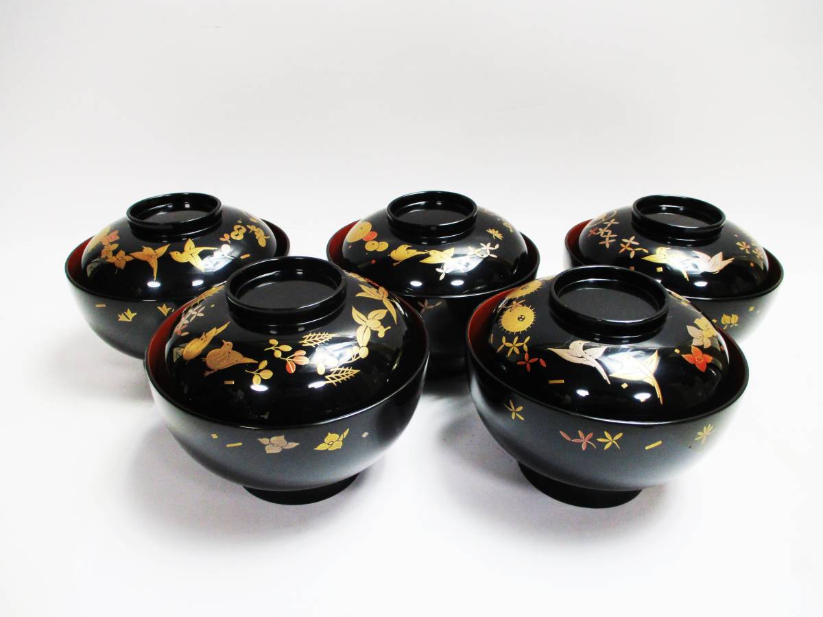 早割クーポン! 《ジャムルK》 監修 本金蒔絵 麗沢 四季の花 吸物椀 共箱 5客 人間国宝 大場松魚 寺井直次 khc0121-73◆送料無料◆ 椀