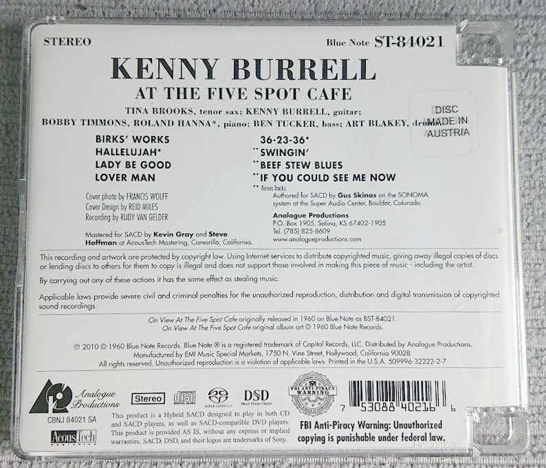 【Hybrid SACD Analogue Productions】Kenny Burrell with Art Blakey ／On View At The Five Spot_画像2