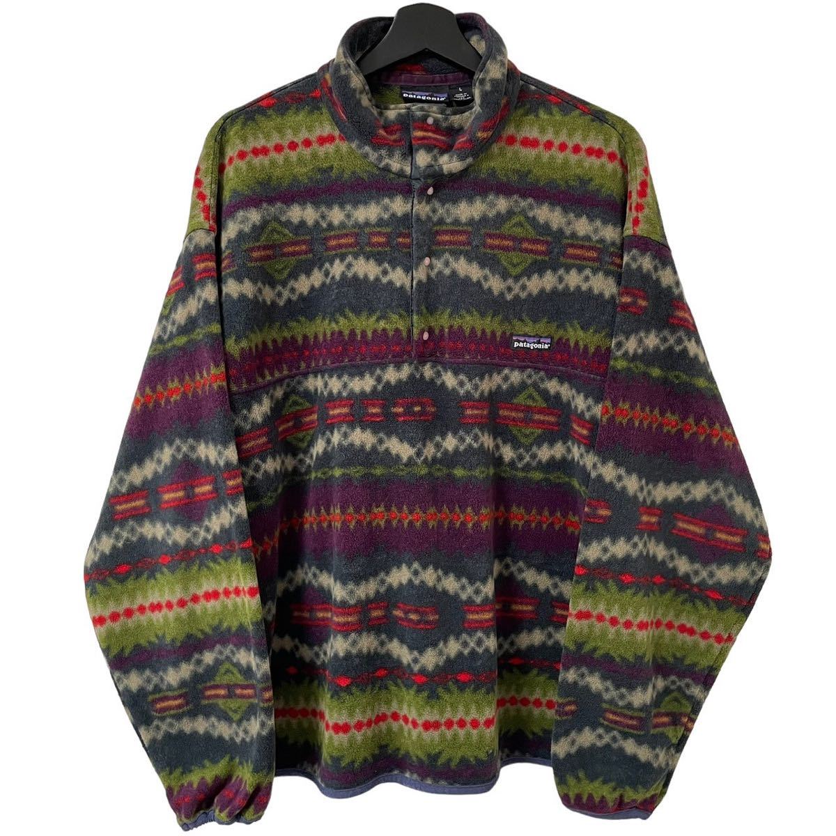 ■激レア■90s USA製 雪無しタグ PATAGONIA SYNCHILLA 総柄 フリース ジャケット L XL相当 パタゴニア シンチラ SNAP T ビンテージ