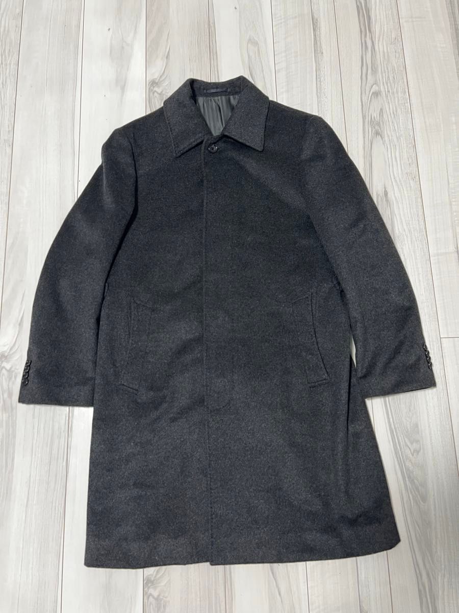 美品　le orme メンズ　ロングコート　L カシミア　100％　黒　ブラック  グレー系 コート ロングコート ステンカラー