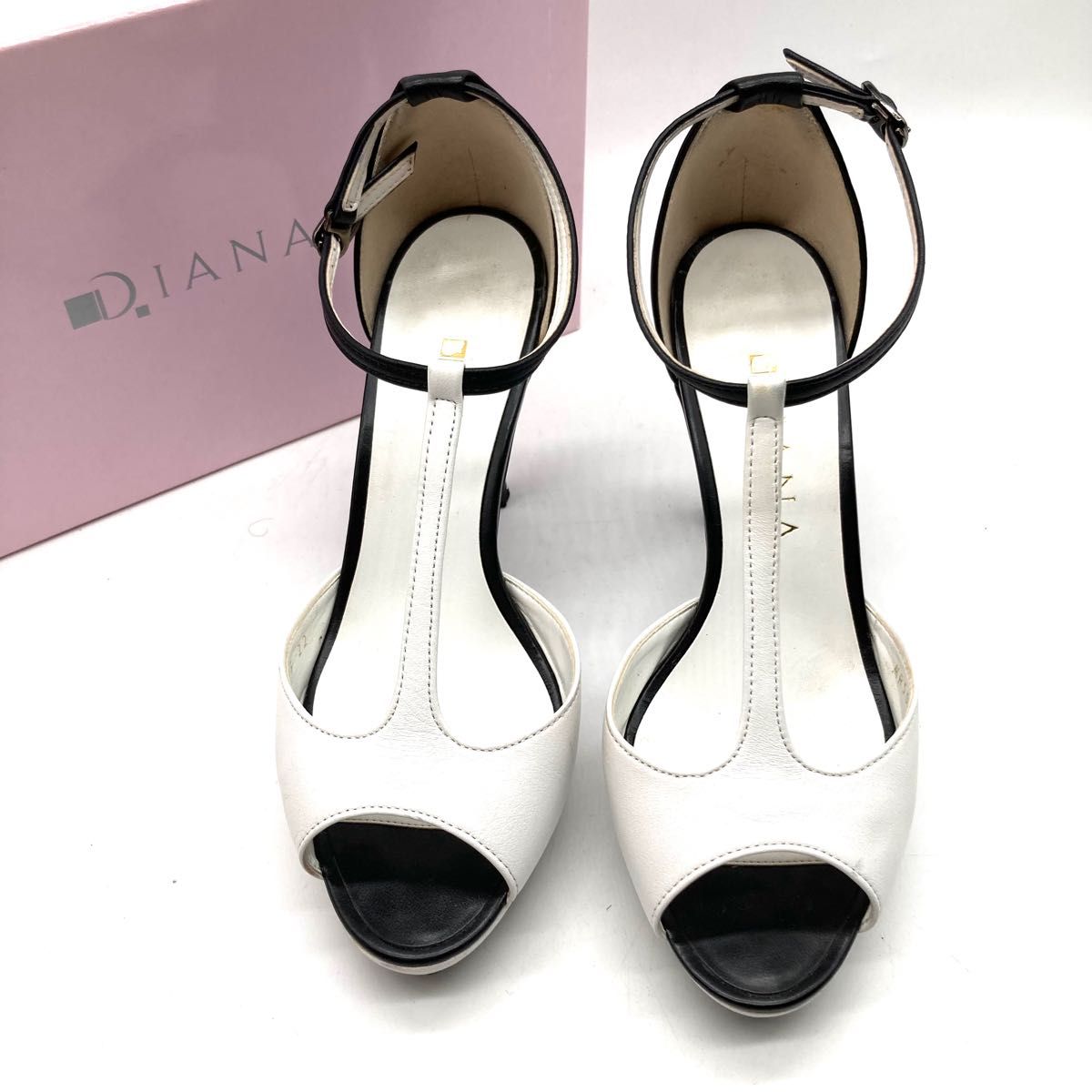 【美品】DIANA ダイアナ サンダル 22cm ホワイト レース レザー ピンヒール ブラック 靴 パンプス r454