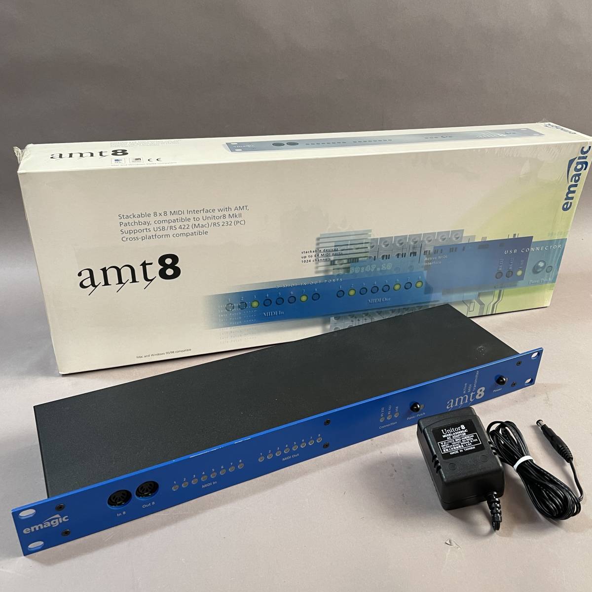 MS657 通電確認 emagic 8ポート MIDIインターフェイス amt8 active MIDI transmitter 箱・ACアダプタあり (検)ラック 音響 DTM DAW 編集_画像1