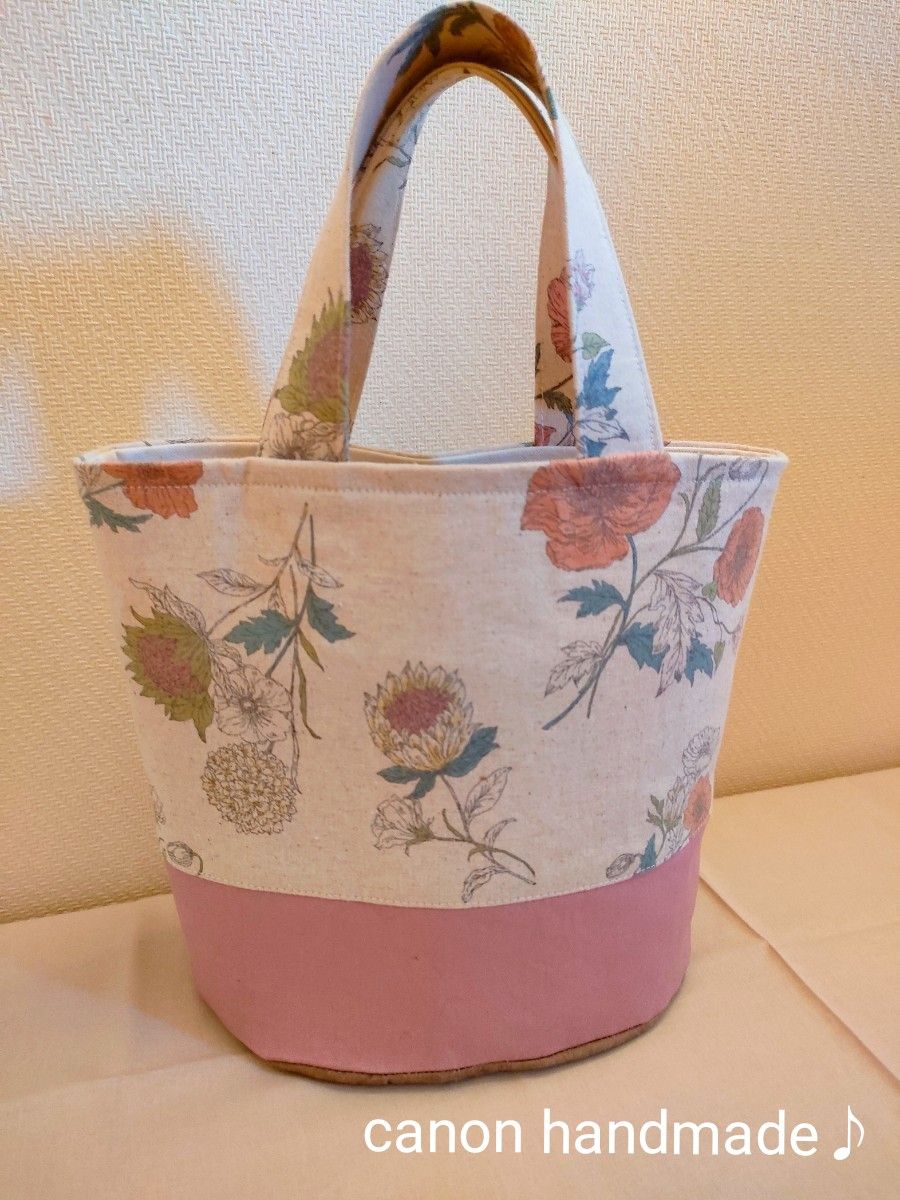 Flower＆ピンク　丸底トートバッグ　バケツ型トートバッグ　ハンドメイド