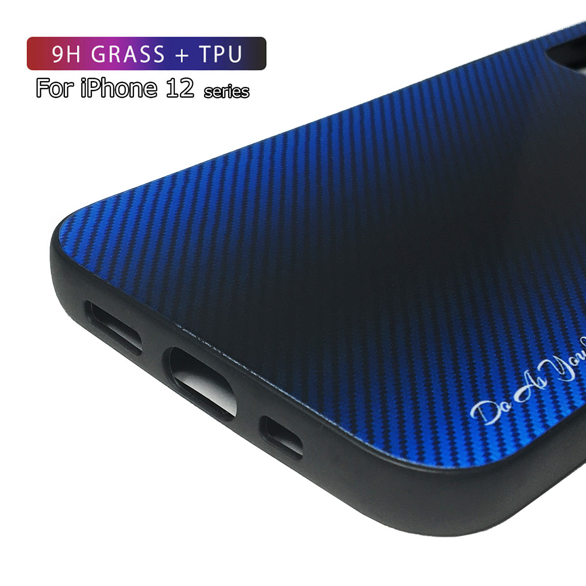 iPhone 12 mini ケース アイフォン 12 ミニ ケース 5.4インチ 背面強化ガラス カーボンデザイン 耐衝撃 ブルーの画像4